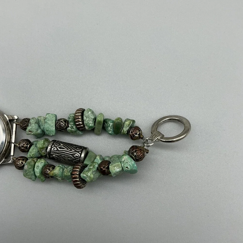 Galaxy Womens Watch 32mm Silver Tone Green Stone Beaded New Battery 7.25